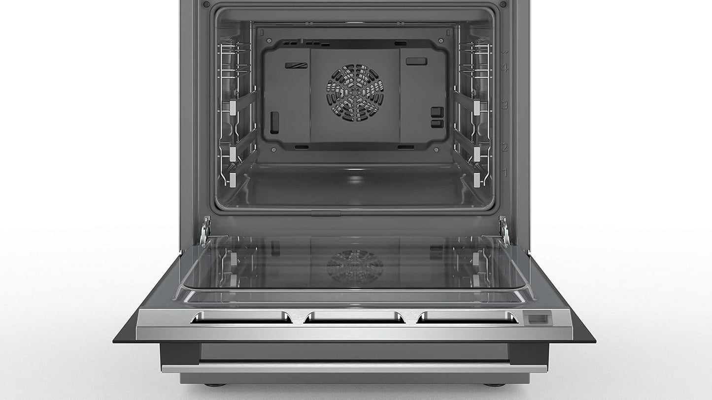 Bosch HKR39C250 Serie 4 Elektro-Standherd, 60 cm breit, EcoClean Direct Reinigungshilfe, 3D Heißluft Backen auf 3 Ebenen, LED-Display-Steuerung, erweiterbare Kochzone für großes Kochgeschirr