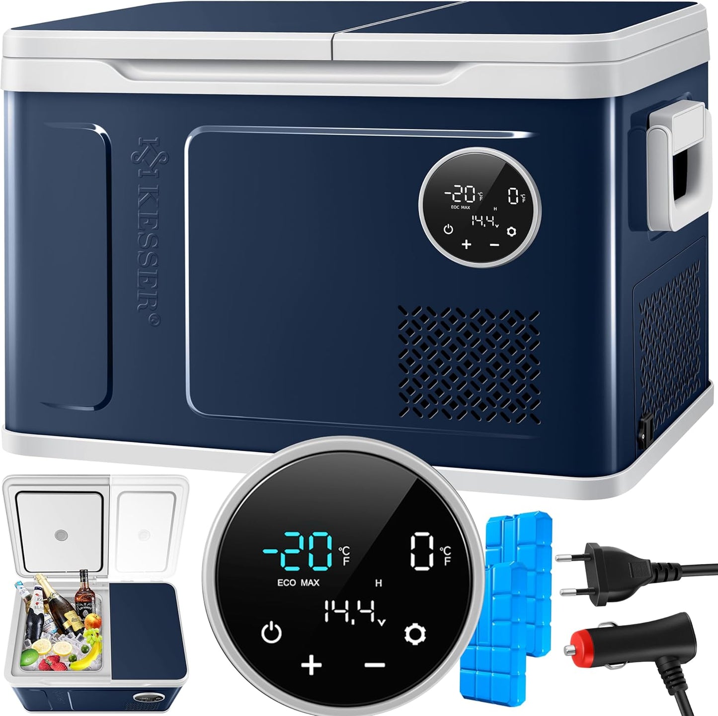 KESSER® Kompressor Kühlbox 2in1 Doppelzone Kühl & Gefrierfach elektrische Gefrierbox mit 2x Kühlakkus & LED-Touch-Bedienung | Kühlschrank Kühlung bis -20 °C für Camping, Auto, Lkw 12/24V 230V
