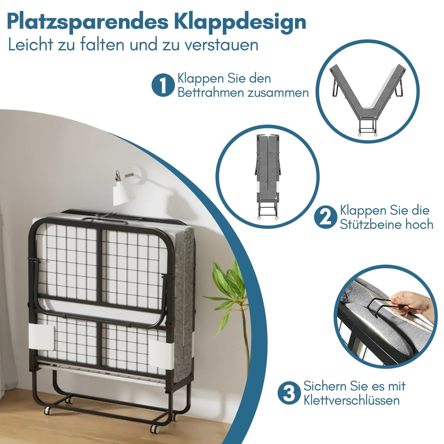Sonnewelt Klappbett 90x200cm mit 13cm Dicke und Rollen