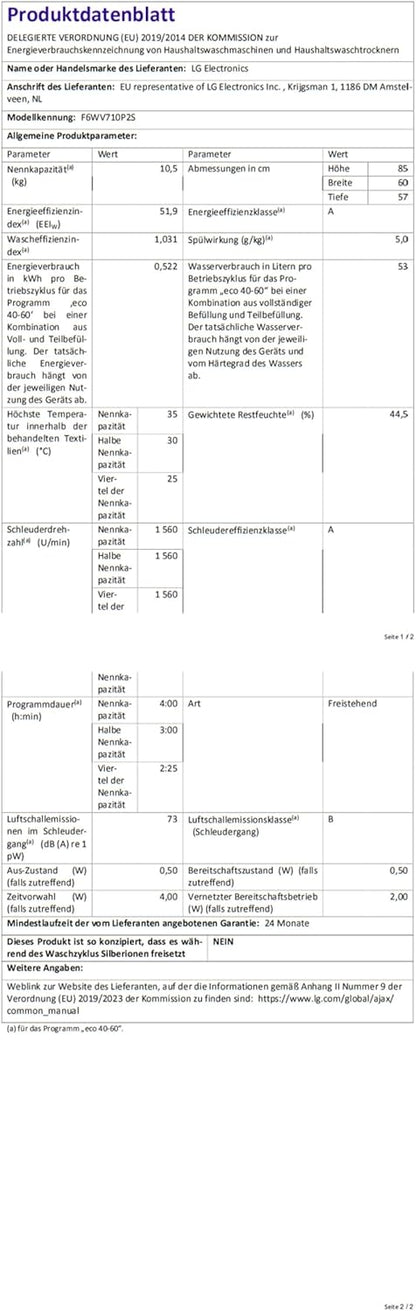 LG F4WV7080, Klasse A, Frontlader-Waschmaschine 8 kg, 1400 U/Min, AI Direct Drive, Wi-Fi, Tiefenreinigung mit Dampf, Groe Kapazitt, TRIPLE A, Auentür aus Sicherheitsglas, 62 x 60 x 85 cm  Wei