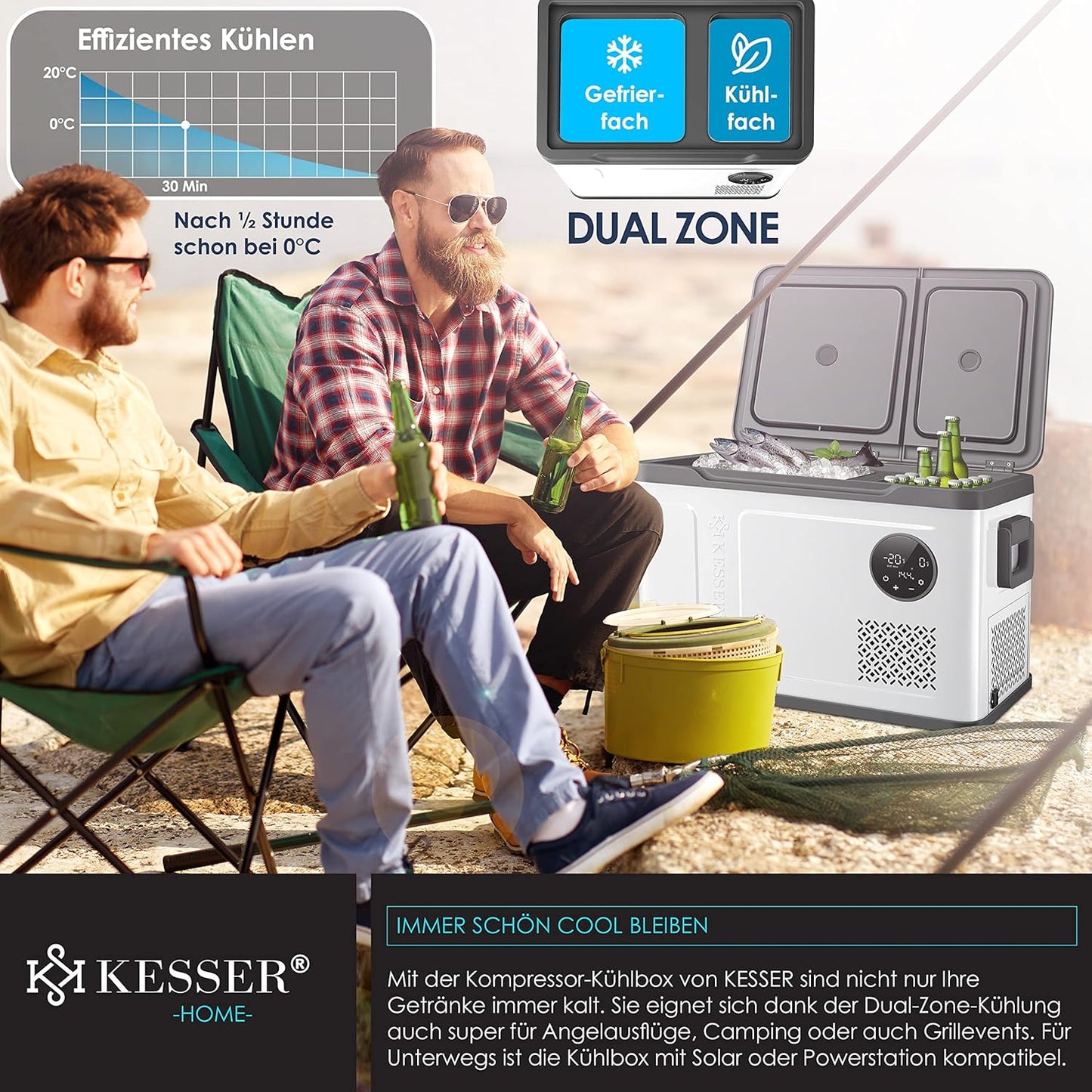 KESSER® Kompressor Kühlbox 2in1 Doppelzone Kühl & Gefrierfach elektrische Gefrierbox mit 2x Kühlakkus & LED-Touch-Bedienung | Kühlschrank Kühlung bis -20 °C für Camping, Auto, Lkw 12/24V 230V