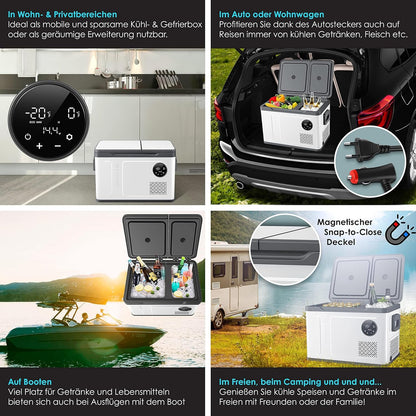 KESSER® Kompressor Kühlbox 2in1 Doppelzone Kühl & Gefrierfach elektrische Gefrierbox mit 2x Kühlakkus & LED-Touch-Bedienung | Kühlschrank Kühlung bis -20 °C für Camping, Auto, Lkw 12/24V 230V