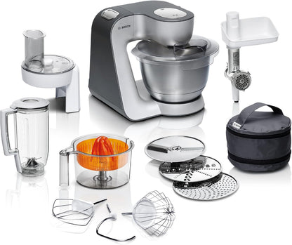 Bosch Küchenmaschine Serie 4 MUM56340, Schüssel 3,9 L, Mixer 1,25 L, Fleischwolf, Zitruspresse, Planetenrührwerk, Knethaken, Schlag-, Rührbesen, Durchlaufschnitzler, 3 Scheiben, 900 W, Silber/ Grau