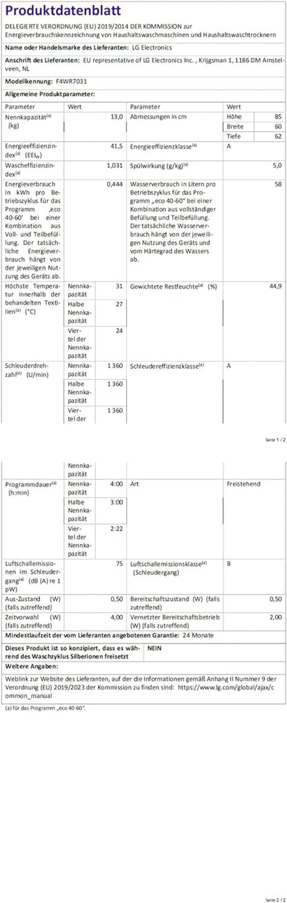 LG F4WV7080, Klasse A, Frontlader-Waschmaschine 8 kg, 1400 U/Min, AI Direct Drive, Wi-Fi, Tiefenreinigung mit Dampf, Groe Kapazitt, TRIPLE A, Auentür aus Sicherheitsglas, 62 x 60 x 85 cm  Wei