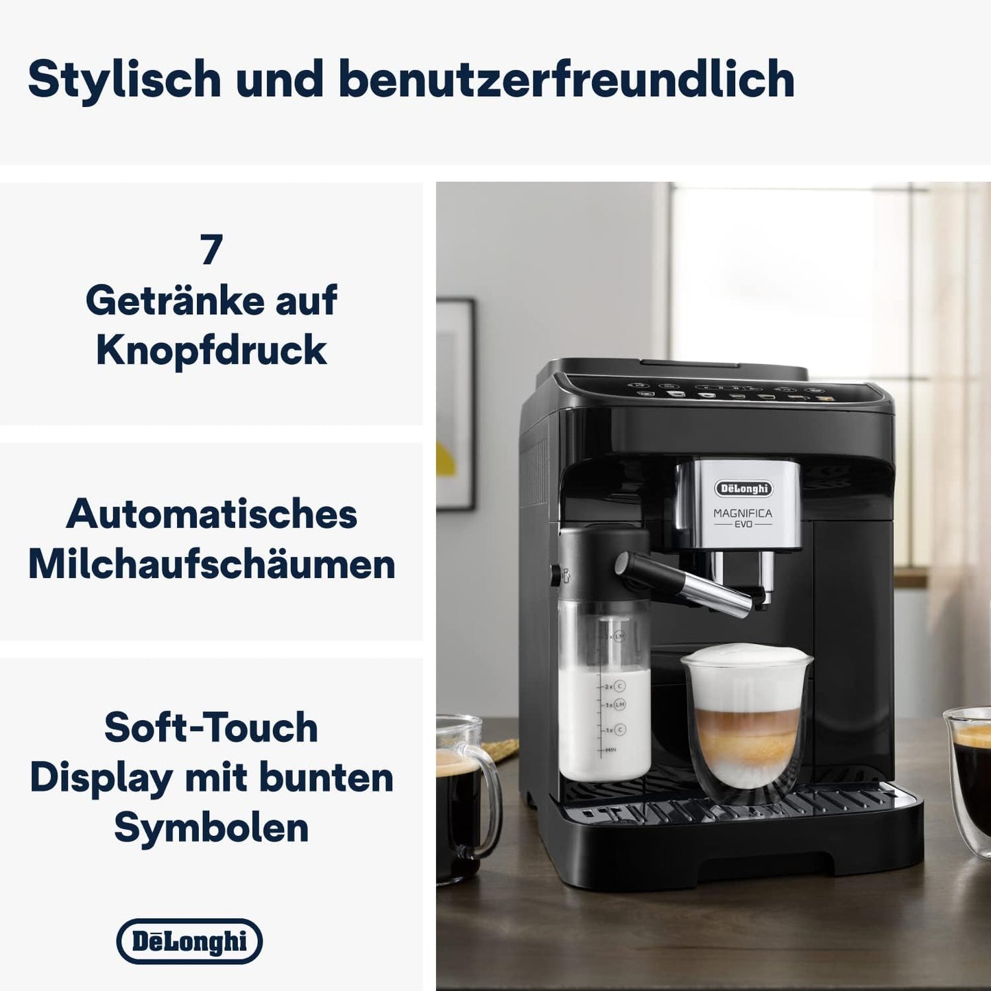 De'Longhi Magnifica Evo ECAM 292.81.B Kaffeevollautomat mit LatteCrema Milchsystem, 7 Direktwahltasten für Cappuccino, Espresso und weitere Kaffeespezialitten, 2-Tassen-Funktion, Schwarz
