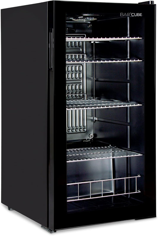 °CUBES Getränkekühlschrank 90L mit Glastür & 4 variablen Ablagen | Kompakter Flaschenkühlschrank, perfekt für zu Hause, Büro, Partys & Gastro | Stilvoller Kühlschrank mit Glastür, schwarz