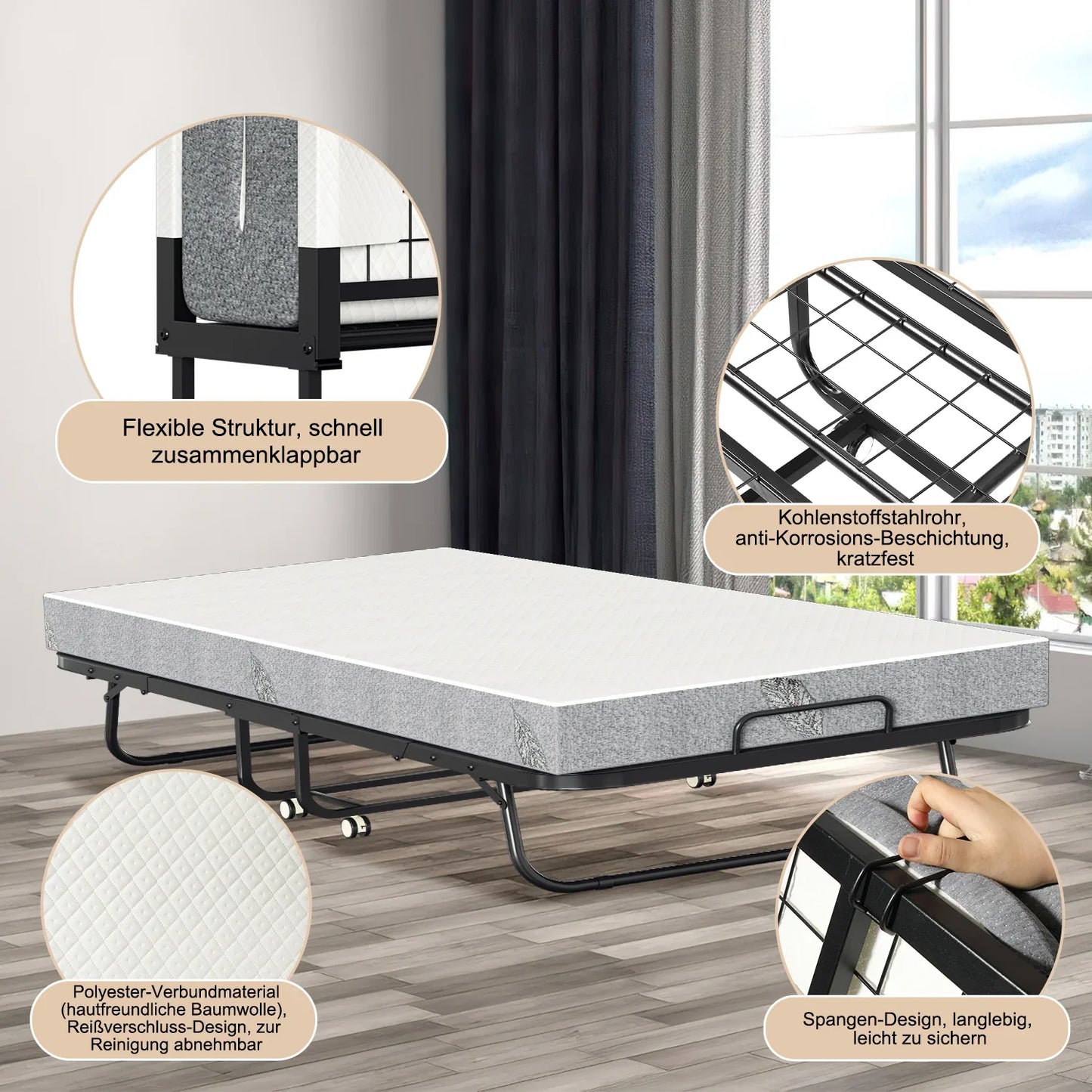 Sonnewelt Klappbett 90x200cm mit 13cm Dicke und Rollen